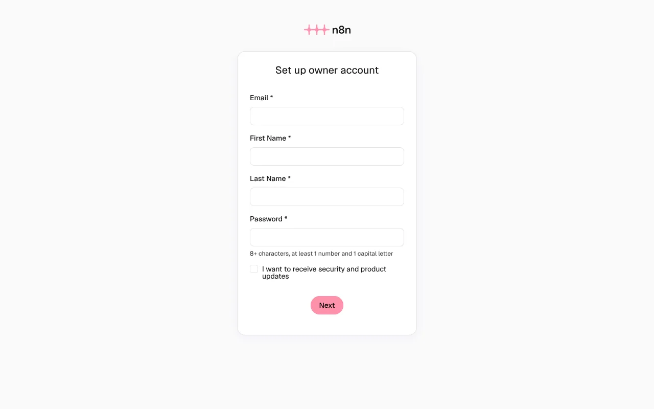 n8n을 처음 열었을 때 나오는 Set up owner account 화면